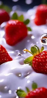 Close-up of strawberries in white splash for mobile wallpaper.