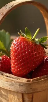 Vibrant strawberries in a wooden basket