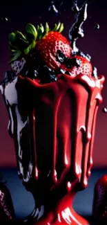 Ripe strawberries with chocolate splash in a velvet cup