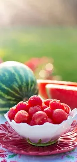 Colorful summer fruit wallpaper with watermelon and raspberries.