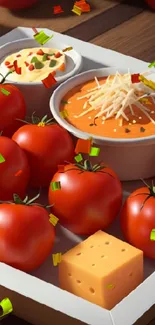 Red tomatoes with cheese and a savory dip on display.