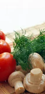 Mobile wallpaper of tomatoes, mushrooms, and dill on a checkered cloth.