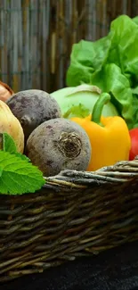 Basket filled with fresh, colorful vegetables.