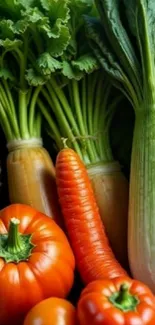 Colorful array of fresh vegetables, including carrots and tomatoes.