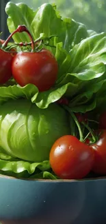 Bowl of fresh tomatoes and lettuce in vibrant colors.