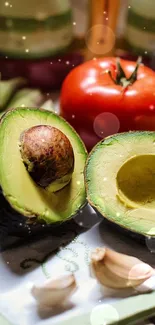 Fresh vegetables including avocado, tomato, and asparagus on a wooden table.