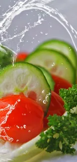 Vivid slices of cucumber and tomatoes with parsley in a water splash.