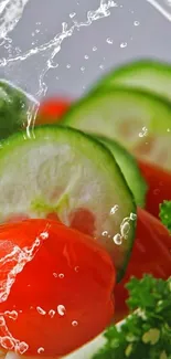 Vibrant vegetable splash with cucumbers and tomatoes.