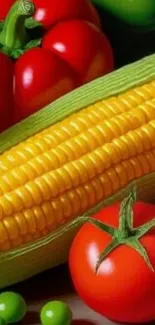 Colorful vegetable wallpaper with corn, tomato, and peppers.