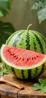 Juicy watermelon slice on a rustic table with greenery.