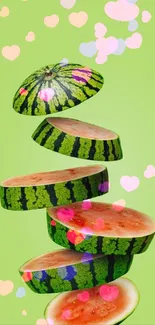 Floating sliced watermelon on green background mobile wallpaper.