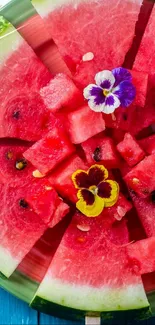 Watermelon slice with colorful flowers, perfect for a vibrant mobile wallpaper.