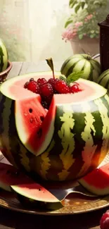 Watermelon centerpiece with berries in sunny garden.