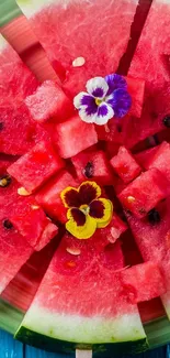 Fresh watermelon slices with flowers on a summer-themed background.