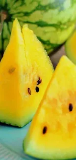 Yellow watermelon slices on a blue plate close-up.