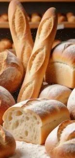 Variety of freshly baked breads with golden crusts on display.