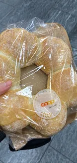 A ring of freshly baked bread wrapped in plastic.