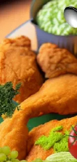 Fried chicken with mashed potatoes and greens on a decorative plate.