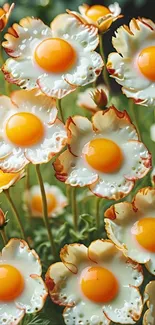 Creative fried eggs arranged like flowers in a whimsical mobile wallpaper.