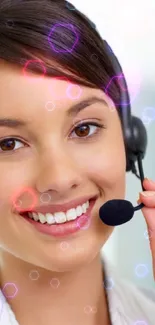 Smiling woman with headset in a professional setting.