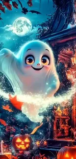 Friendly ghost in a whimsical Halloween night scene.