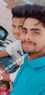 Two smiling friends on a motorbike enjoying a sunny day.