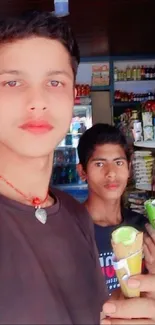 Two friends enjoying ice cream in a store with colorful shelves.