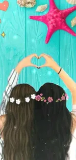 Two friends with flower crowns against a turquoise beach background with a starfish.