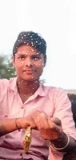 Group of young men enjoying an outdoor gathering with vibrant background.