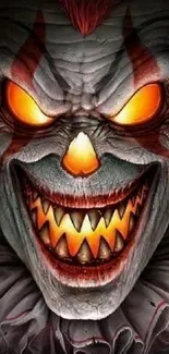 Terrifying clown face with glowing eyes and sharp teeth.