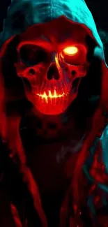 Red neon skull with glowing eyes in a hooded figure theme.