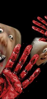 Creepy illustration of red hands and distorted faces on a dark background.