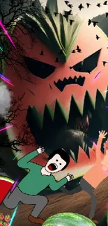 Cartoon characters chased by a spooky watermelon in a surreal landscape wallpaper.