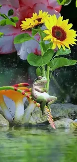 Whimsical frog with sunflowers in a vibrant garden setting.