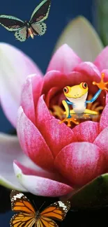 Colorful frog on pink flower with butterflies in nature.