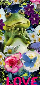 Frog surrounded by flowers and butterflies