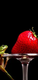 Green frog and red strawberry on dark background wallpaper.