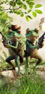 Cartoon frog cowboys with guns in a vibrant jungle setting.