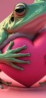 Frog clutching a vibrant pink heart on paws.