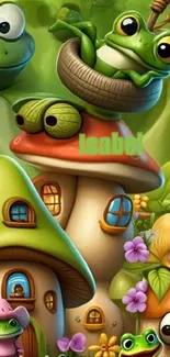 Whimsical frog village with mushrooms.