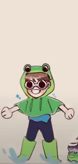 Cute cartoon character in frog hoodie with playful style.