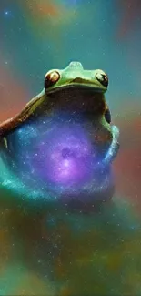 Frog floating in a colorful cosmic nebula with swirling galaxies.