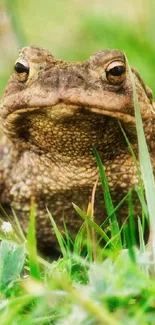 Close-up of a toad sitting in lush green grass.