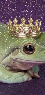 Frog wearing crown on sparkly purple background.