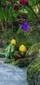 Frogs embracing by a stream in a lush forest with vibrant plants.