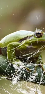 Green frog on a leaf with raindrop pattern background.