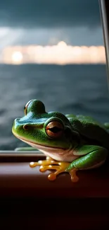 A green frog sitting on a boat with a sunset backdrop.