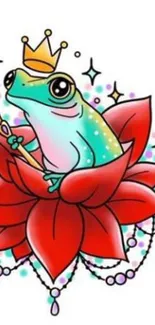 Whimsical crowned frog on vibrant flower artwork.