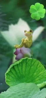 A cute frog sits on a leaf in a green fantasy garden wallpaper.