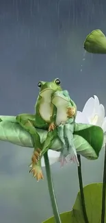 Green frog sitting on a lotus leaf in the rain.